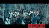 a poster for the indian army shows a group of kids running down a street