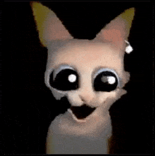 a close up of a cat with big eyes and a mustache in the dark .