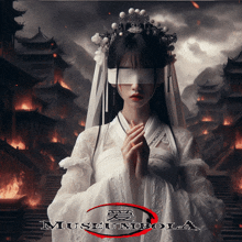 a woman in a white dress with blindfolds stands in front of burning buildings and the word museumbola on the bottom