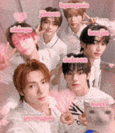 a group of young men posing for a picture with their names written in pink
