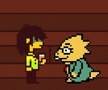 a pixel art of a person and a monster standing next to each other on a brown background .