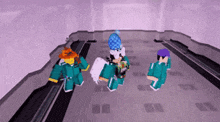 a group of roblox characters are standing next to each other in a purple room .