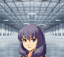 a girl with purple hair is in an empty building