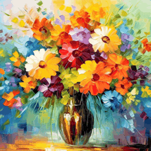 a painting of flowers in a vase with a blue background
