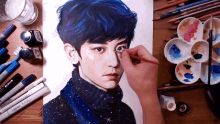 a drawing of a boy with blue hair is being painted