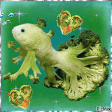 a picture of a fish made out of broccoli with hearts around it