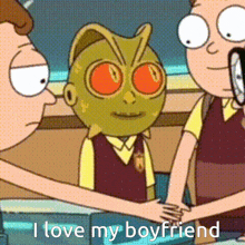 a cartoon character says i love my boyfriend while shaking hands with two other characters