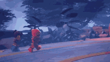 a couple of lego figures walking on a road