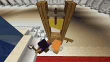 a minecraft screenshot of a guillotine with a purple enderman and an orange minecraft character