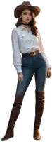 a woman wearing a cowboy hat and boots is standing in front of a white background
