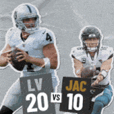 two football players holding signs that say lv vs jac