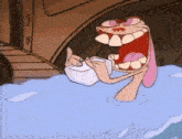 a cartoon character is laying in the water with a bottle in his mouth