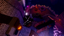 a cartoon character is standing in a dark room with a purple object in the background