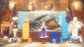 a girl in a blue dress stands in front of a large aquarium with robots around her