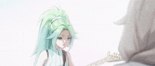 a girl with long green hair is holding a guitar