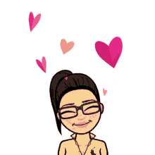 a cartoon woman wearing glasses and a yellow polo shirt is surrounded by paper hearts