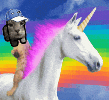 a cat is riding on the back of a white unicorn