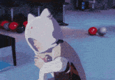 a cartoon drawing of a person wearing a white cat hat