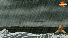 a cartoon of a man in the rain with a nickelodeon logo in the background