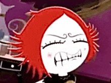 a close up of a cartoon character with red hair and black teeth making a funny face .
