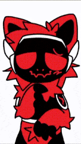 a cartoon of a red and black cat wearing headphones and a mask .