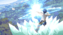 a man in a white shirt is surrounded by ice and light