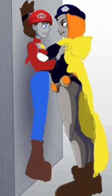 a drawing of two cartoon characters standing next to each other .