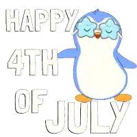 a happy 4th of july greeting card with a penguin wearing sunglasses