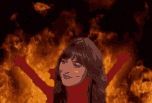 a woman in a red sweater with her arms outstretched in front of a fire background .