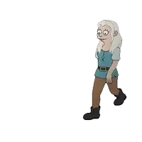 a cartoon character with long white hair and brown pants