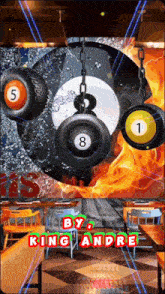 a pool table with balls hanging from chains and the words by king andre
