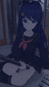 a girl with purple hair is laying on the floor holding a black object in front of her face