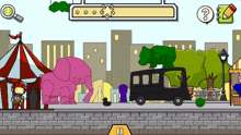 a cartoon drawing of a pink elephant and a black truck