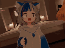 a screenshot of a video game shows a girl pointing at something