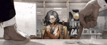 a drawing of a woman sitting at a desk