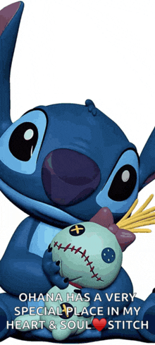 a picture of stitch holding a stuffed animal with the words ohana has a very special place in my heart & soul stitch