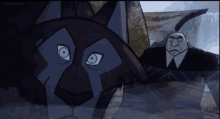a cartoon of a man standing next to a wolf with king cartoons written on the bottom
