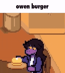 a pixel art of a girl holding a hamburger with the words `` owen burger '' written above her .
