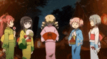 a group of anime girls wearing kimonos are standing together