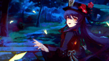a girl in a hat with flowers on it is standing in a forest
