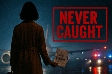 a woman holding a sign that says " i have a bomb " in front of a sign that says " never caught "
