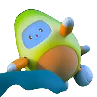 a green toy with a blue face and orange arms