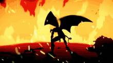 a silhouette of a demon with wings standing in the middle of a field