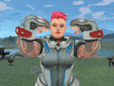 a woman with pink hair and gloves flexing her muscles