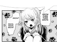 a black and white drawing of a girl with the words meow purr purr meow