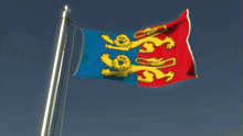 a blue red and yellow flag with lions on it