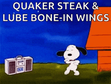 a cartoon of snoopy dancing with the words quaker steak & lube bone-in wings