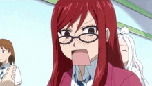 a girl with red hair is wearing glasses and a pink jacket