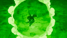 a person is flying through a circle of green smoke .