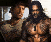 a man with long hair and a beard is standing next to another man with long hair and a tattoo on his chest .